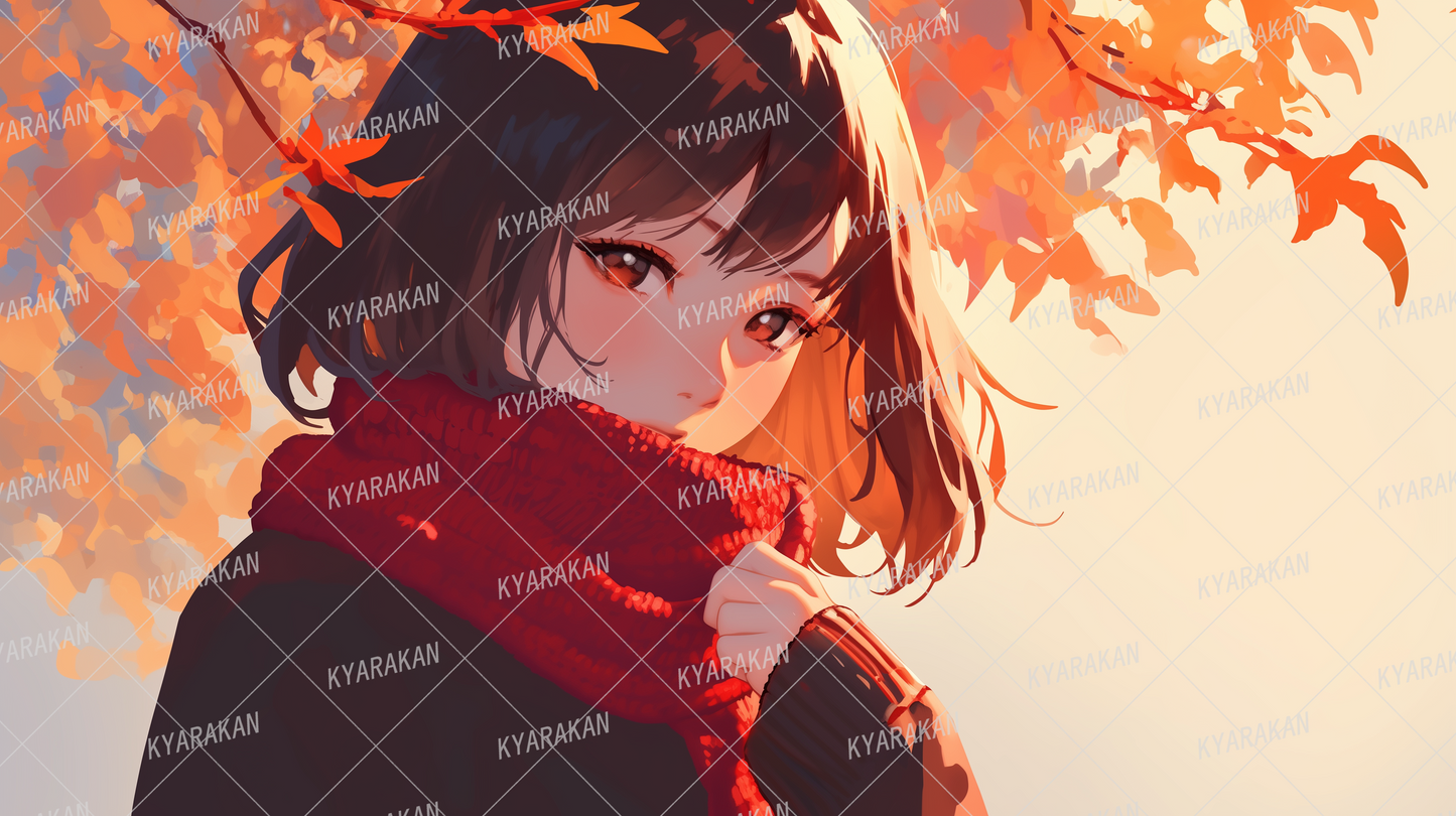 AA-1478: A girl in a red scarf surrounded by warm autumn colors