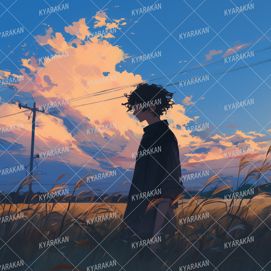 AA-1483: Rice ears illuminated by the setting sun and the silhouette of a melancholy boy