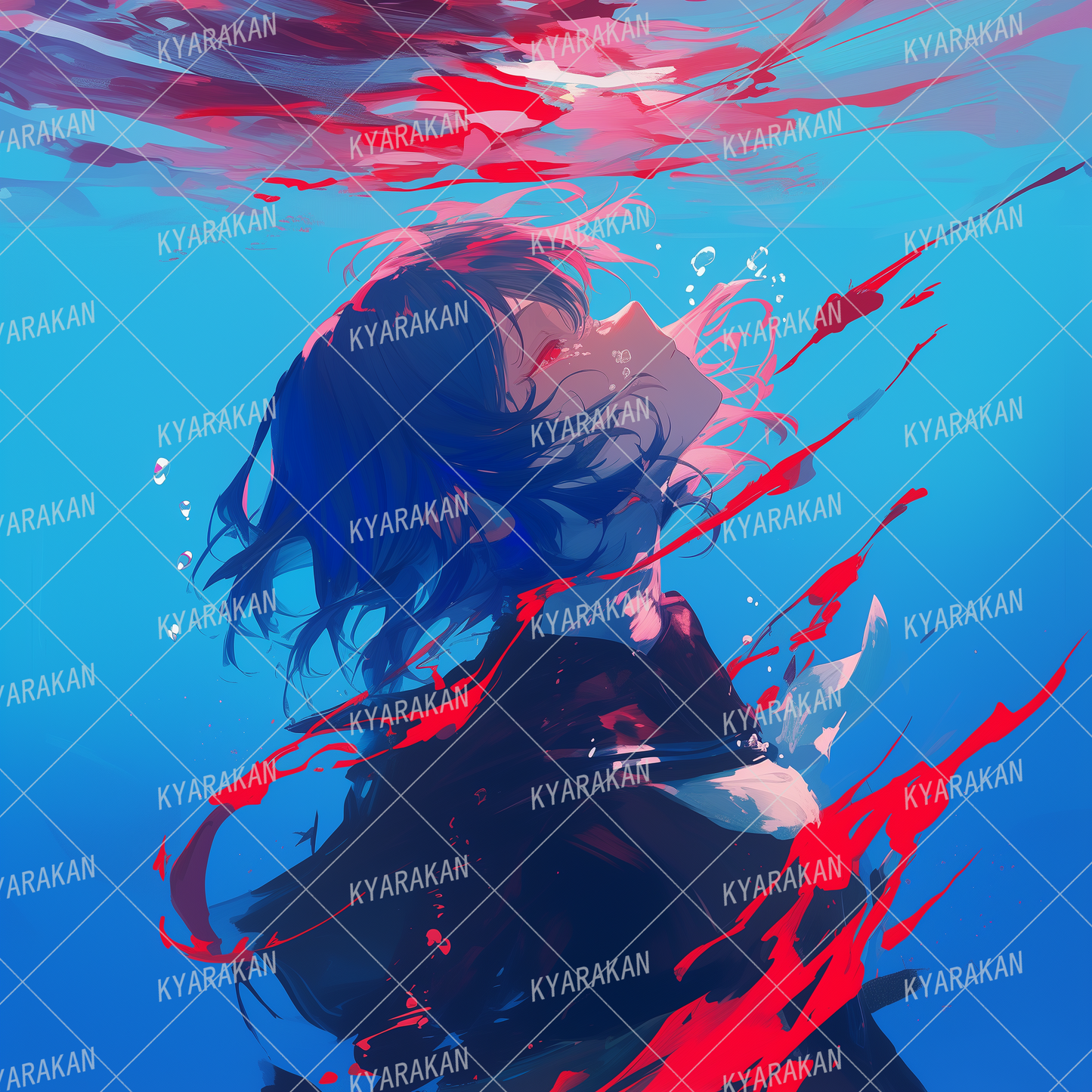 AA-1487: A girl underwater with her face close to the red water surface