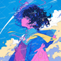 AA-1489: A profile of a girl with a striking contrast of blue and pink against a vivid blue sky