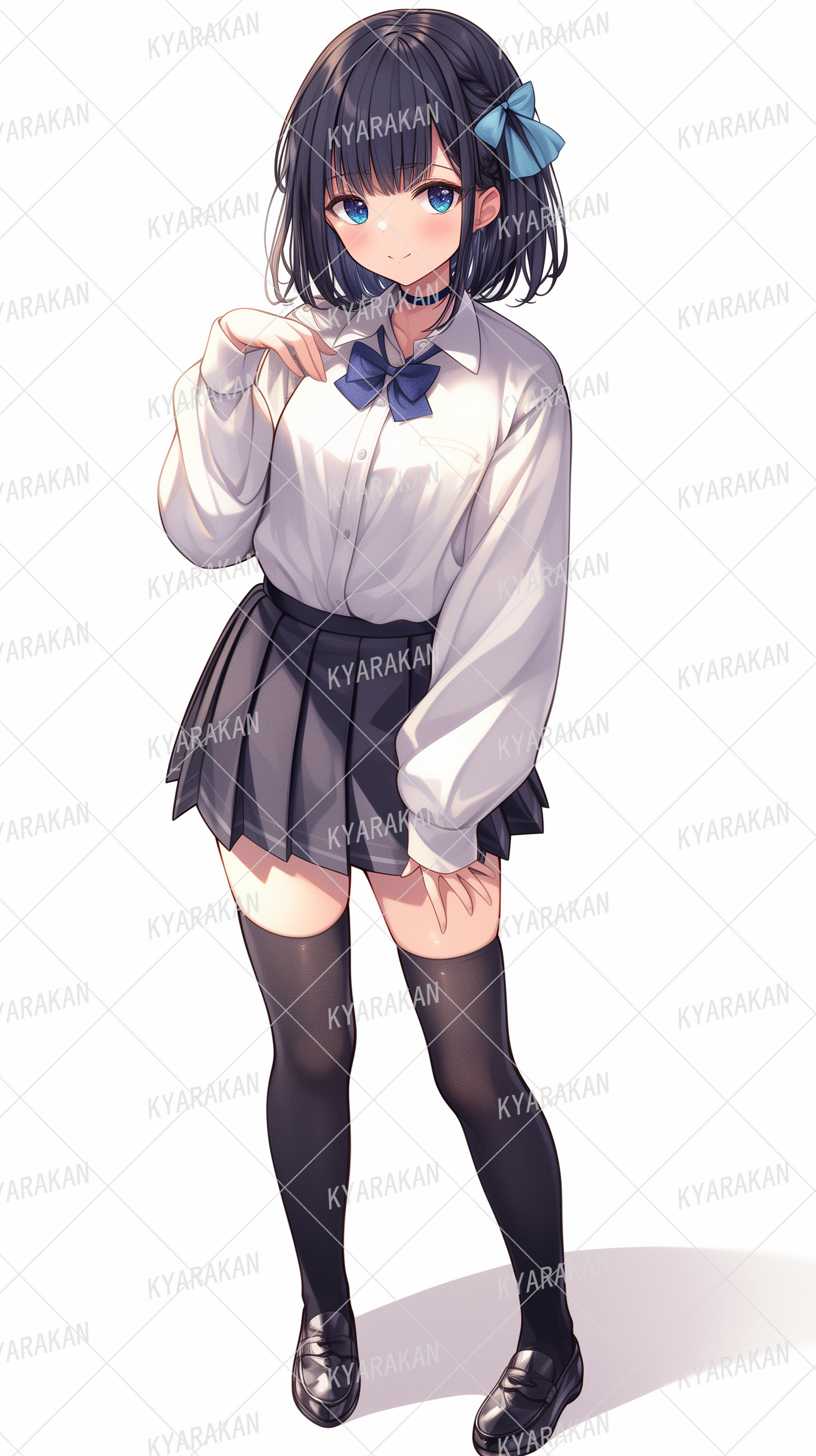 AA-1498: A black-haired bob-cut girl with a blue ribbon wrapped in a neat uniform