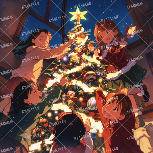 AA-1517: Smiling children gathering to decorate the Christmas tree at night