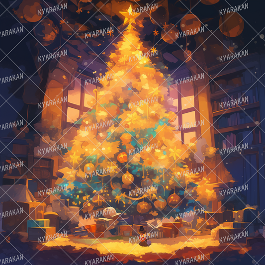 AA-1519: A giant Christmas tree in a room with a warm orange glow