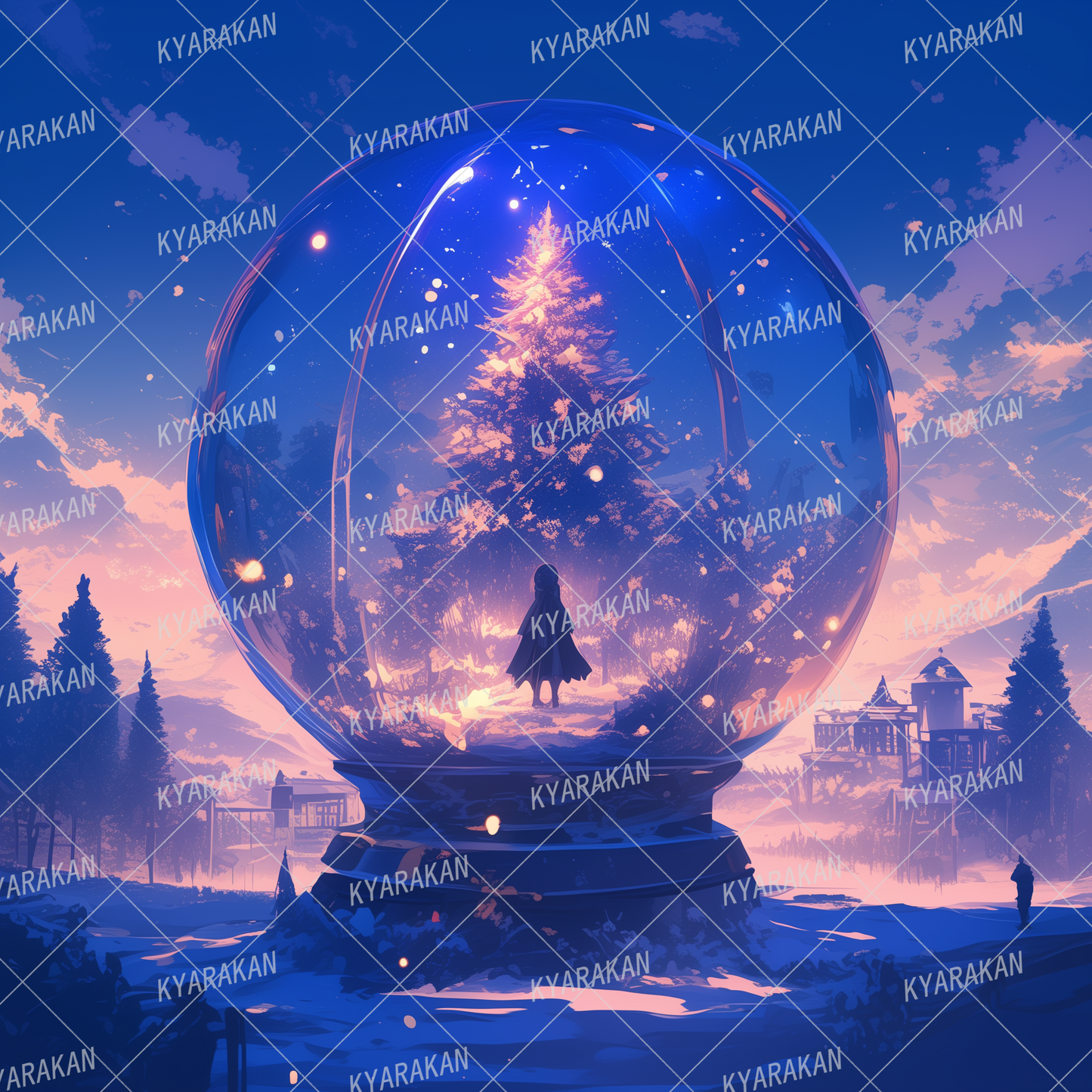 AA-1521: Silhouette of a traveler trapped in a winter snow globe