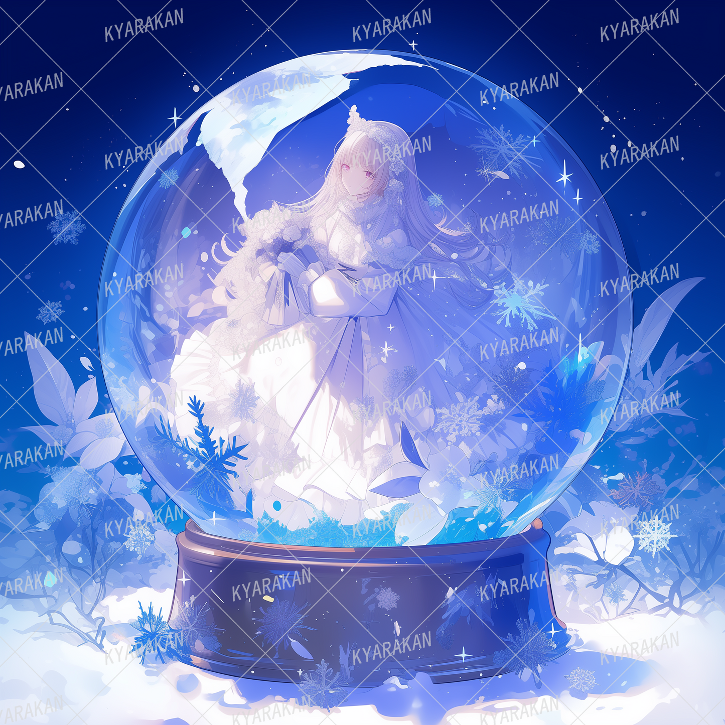 AA-1523: Girl with a bouquet in a white dress wrapped in a snow globe