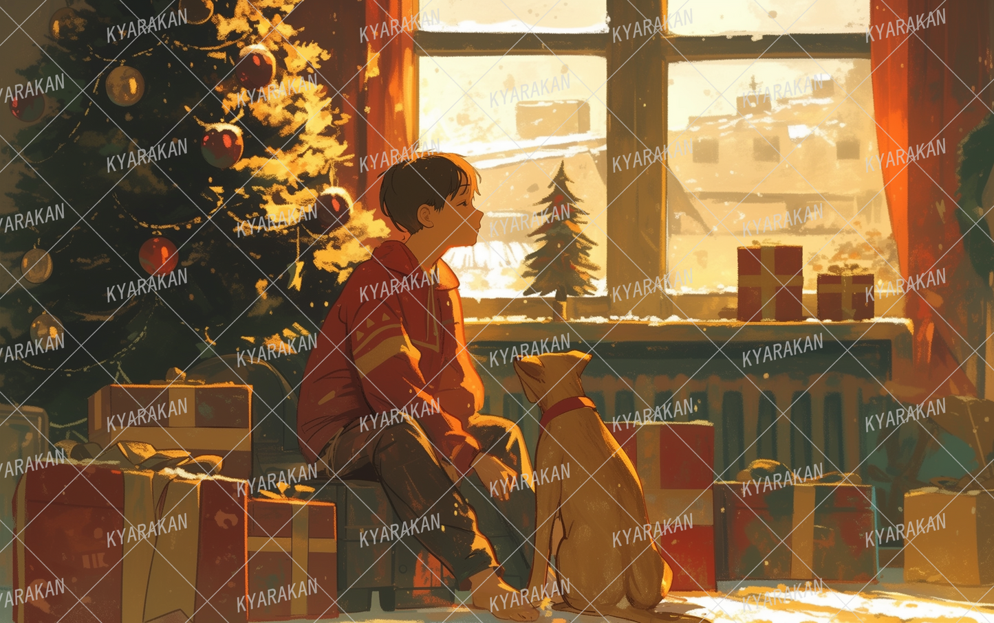 AA-1527: Boy and dog by the window on Christmas morning