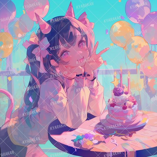 AA-1533: A girl with twin tails decorated with ribbons and accessories and a small cake