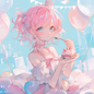 AA-1534: Pink-haired girl eating cake at a soft pastel party