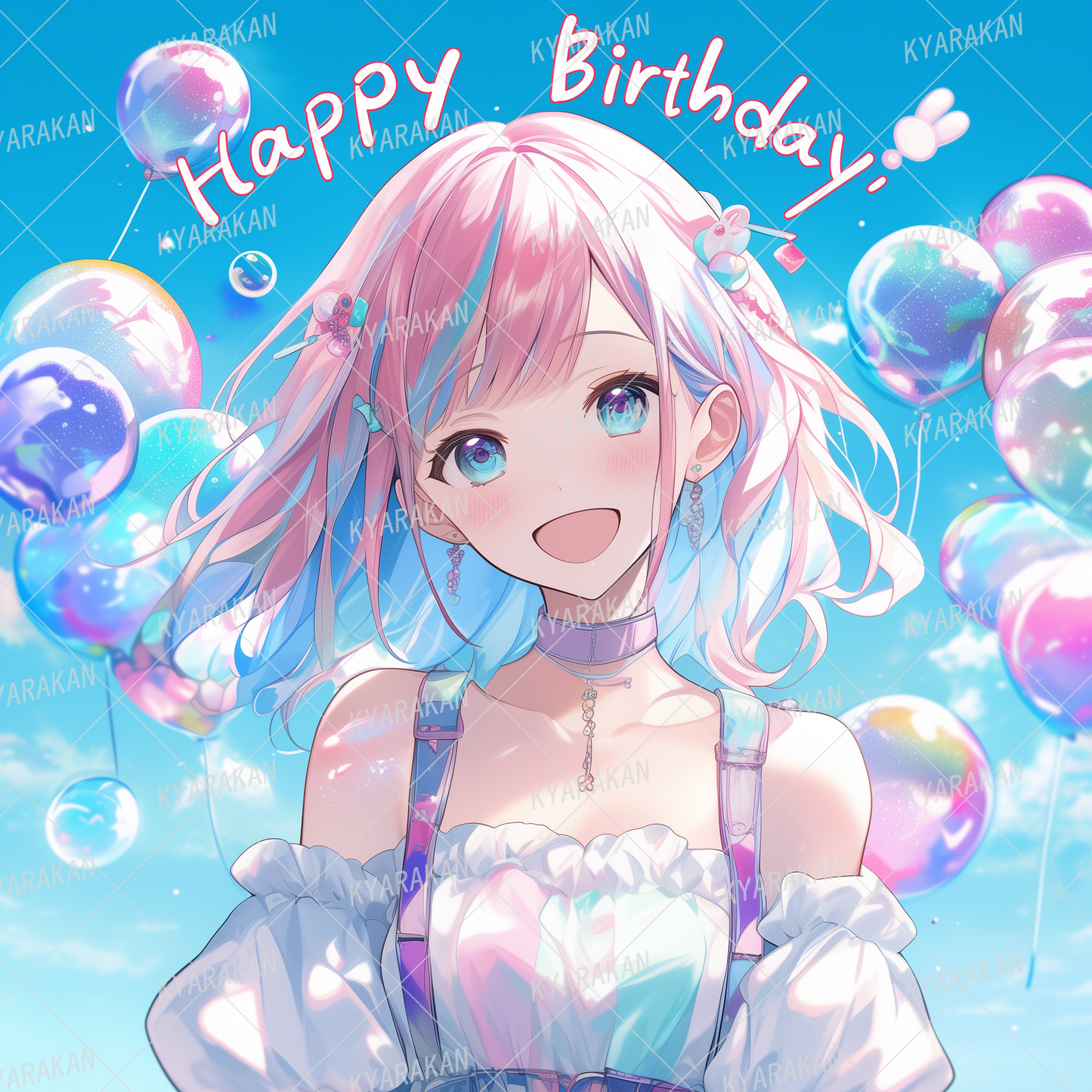 AA-1538: A girl with pink and blue hair celebrating her birthday with gorgeous balloons in the background