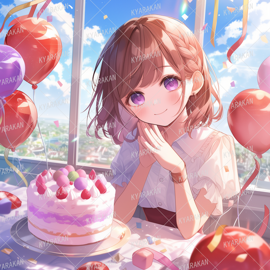 AA-1539: A girl with brown bob hair and braids on her birthday, with the blue sky outside the window shining through it