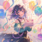 AA-1541: Girl holding cake on lovely birthday celebrating with colorful balloons