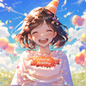 AA-1543: A girl's birthday with a big smile and a cake under a clear blue sky