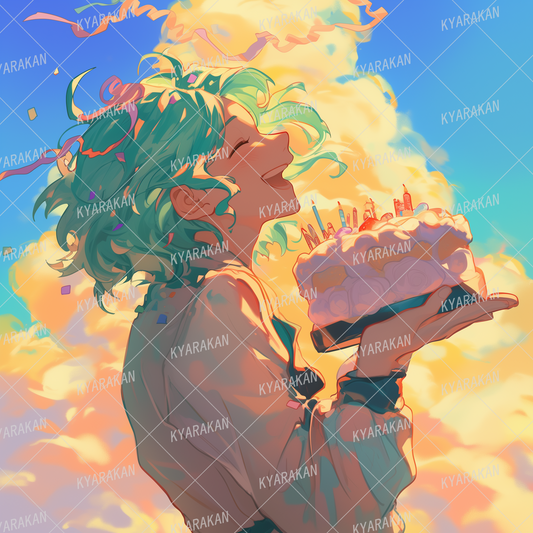 AA-1546: Profile of a girl with blue-green hair smiling broadly while holding a cake against the clouds at dusk