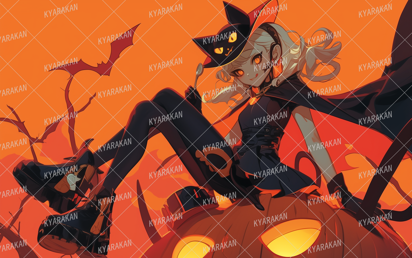 AA-1560: Sitting white-haired witch with jack-o'-lantern