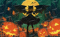 AA-1562: A girl in a black dress with bat wings on a full moon night and a Halloween town