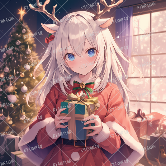 AA-1572: A girl wearing a Santa costume with reindeer antlers gives a present