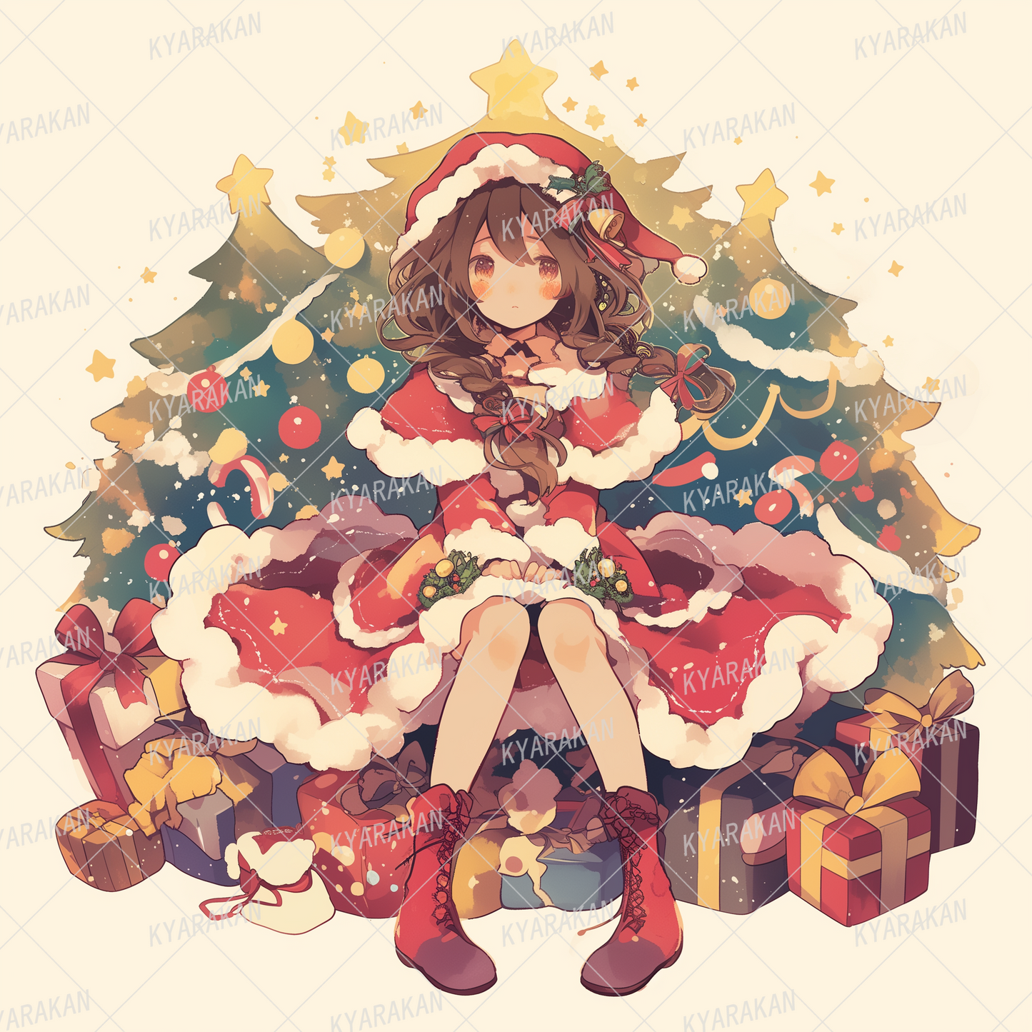 AA-1573: A girl in a Santa dress with star decorations and colorful ornaments in the background