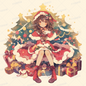 AA-1573: A girl in a Santa dress with star decorations and colorful ornaments in the background