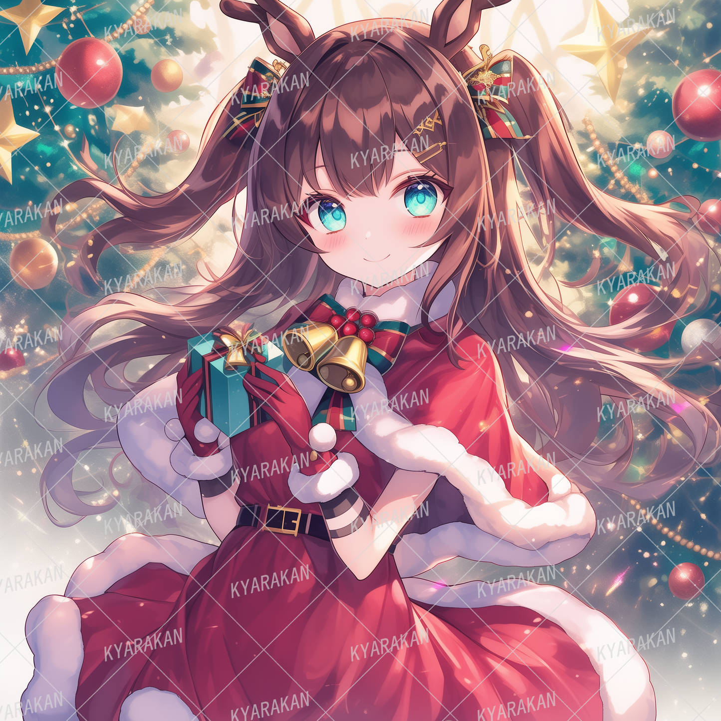 AA-1574: A girl in a Santa costume with chestnut-colored twin tails and a gift