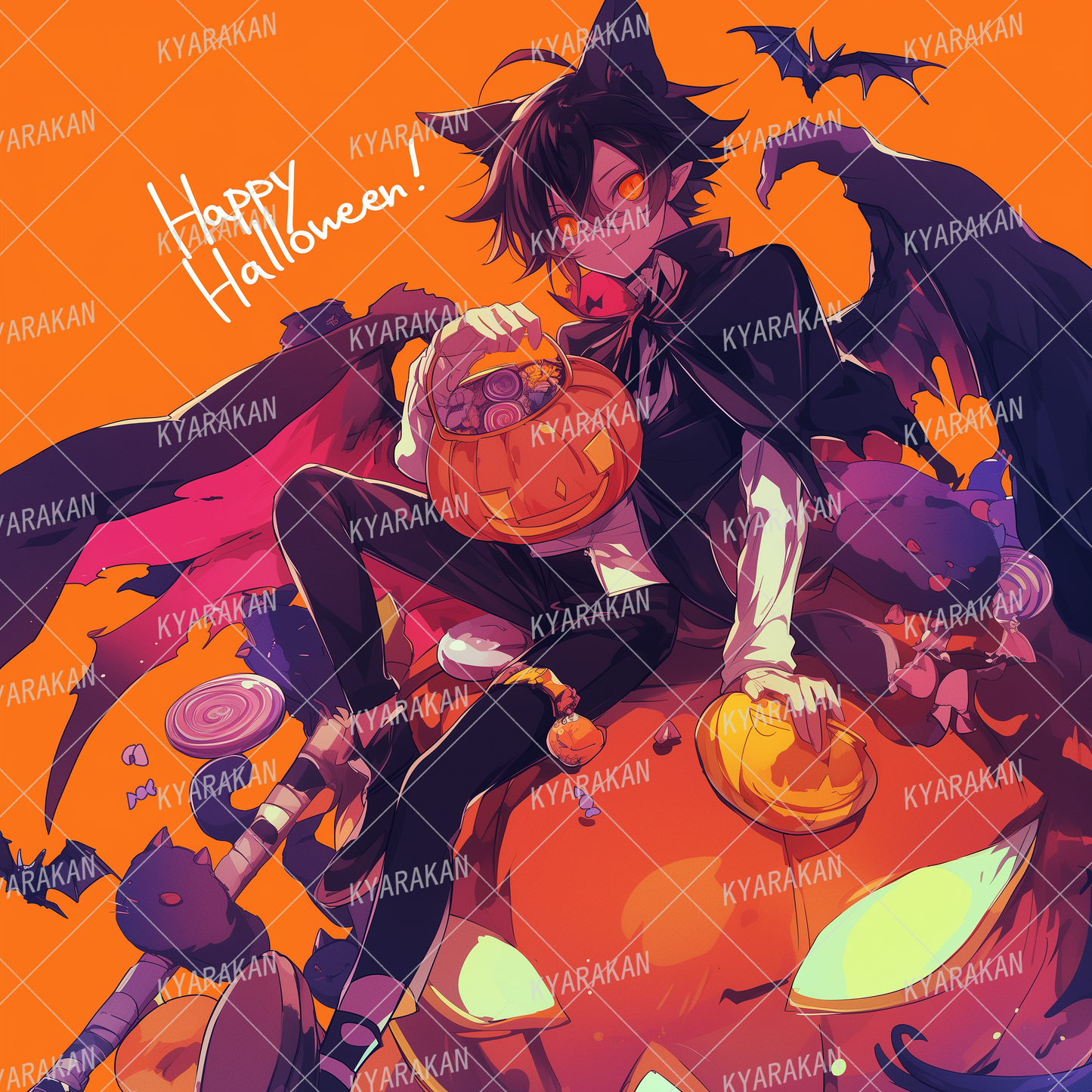 AA-1575: Halloween boy riding on a pumpkin and holding a candy basket