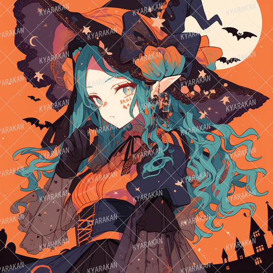 AA-1577: Mysterious witch with blue-green hair and a full moon and bats