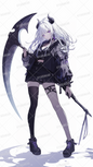 AA-1588: A girl with black horns and white hair in a hooded jacket with a scythe