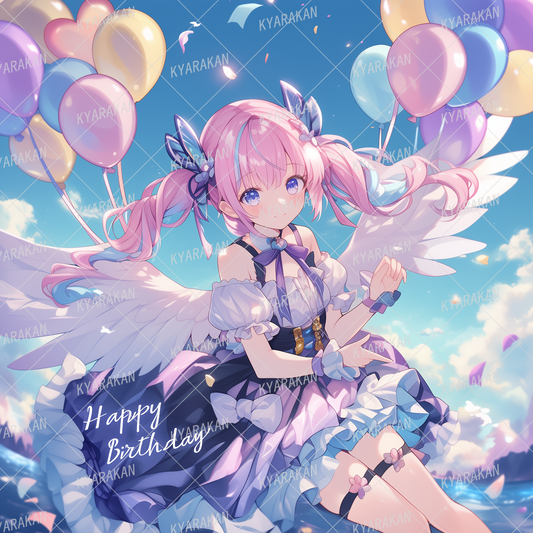 AA-1601: A girl with her wings spread and flying in the sky with a gorgeous balloon