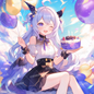 AA-1602: A girl with purple hair and horns and a birthday cake