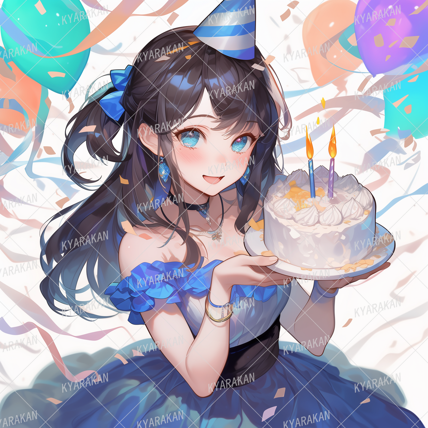 AA-1604: Black-haired girl with party hat and blue ribbon and cake