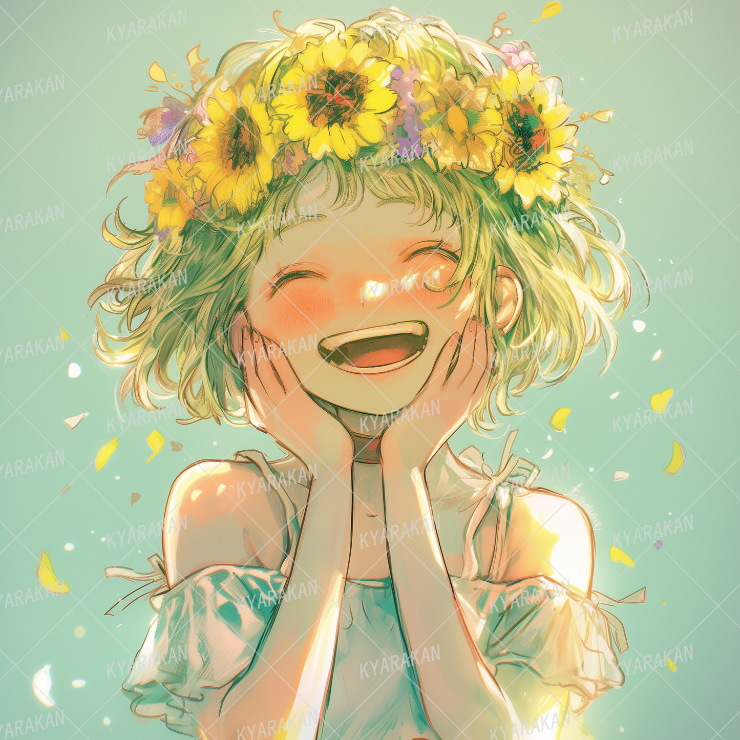 AA-1605: A special day for a smiling greenish-blonde girl wearing a sunflower crown