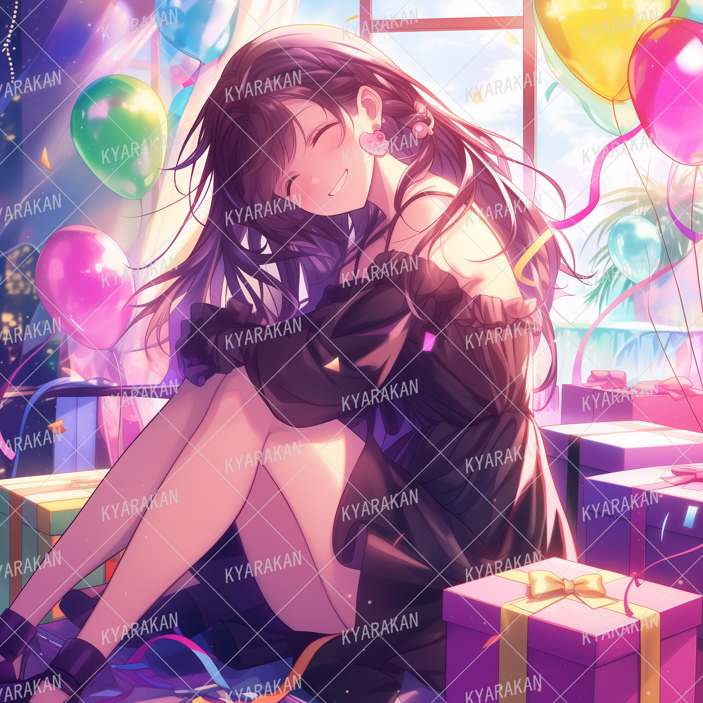 AA-1607: Birthday of a smiling girl wearing a black off-shoulder dress