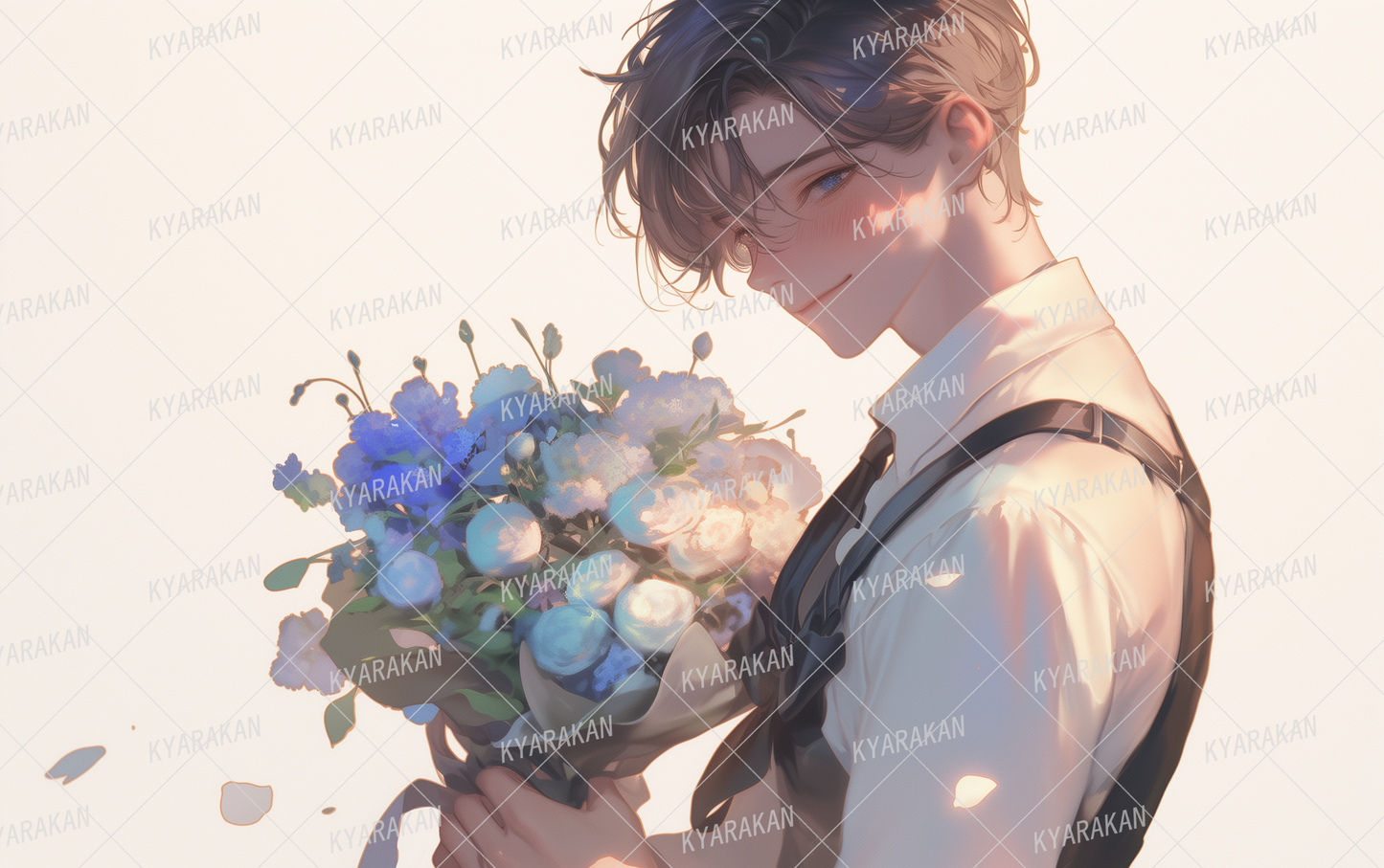 AA-1610: Beautiful young man with short hair in formal attire holding a bouquet of flowers