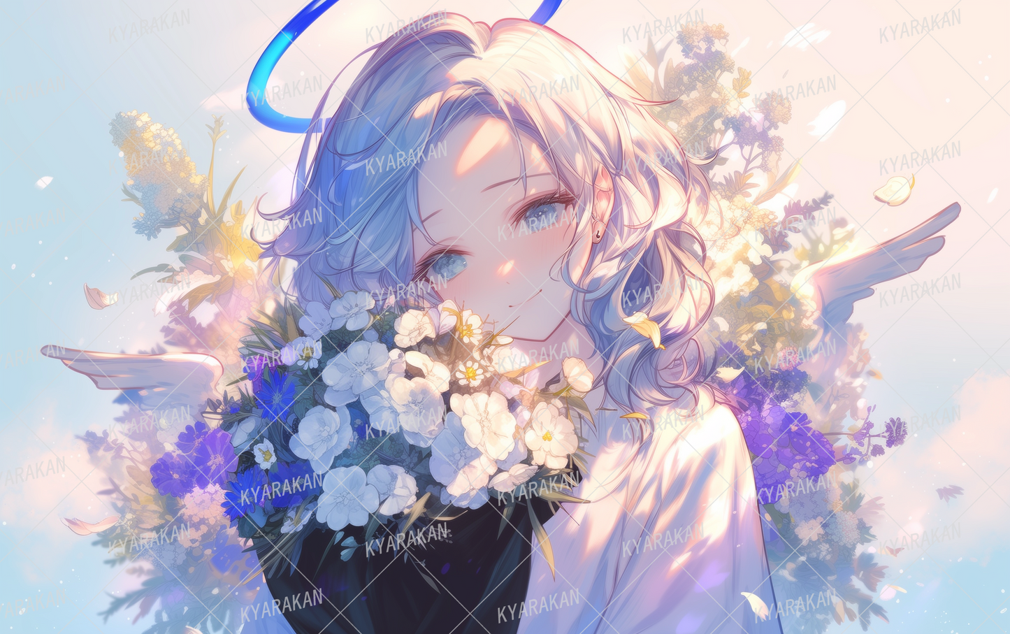 AA-1612: A white-haired angel and a beautiful bouquet of flowers against a background of soft, gradated warm light