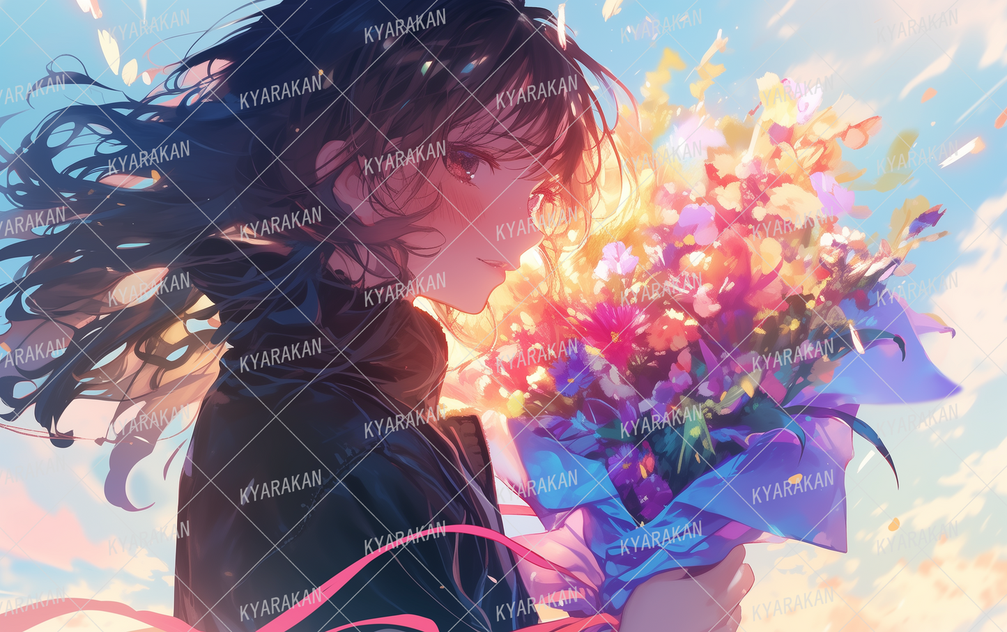 AA-1613: A black-haired girl holding a bouquet of flowers with the sunset in the background