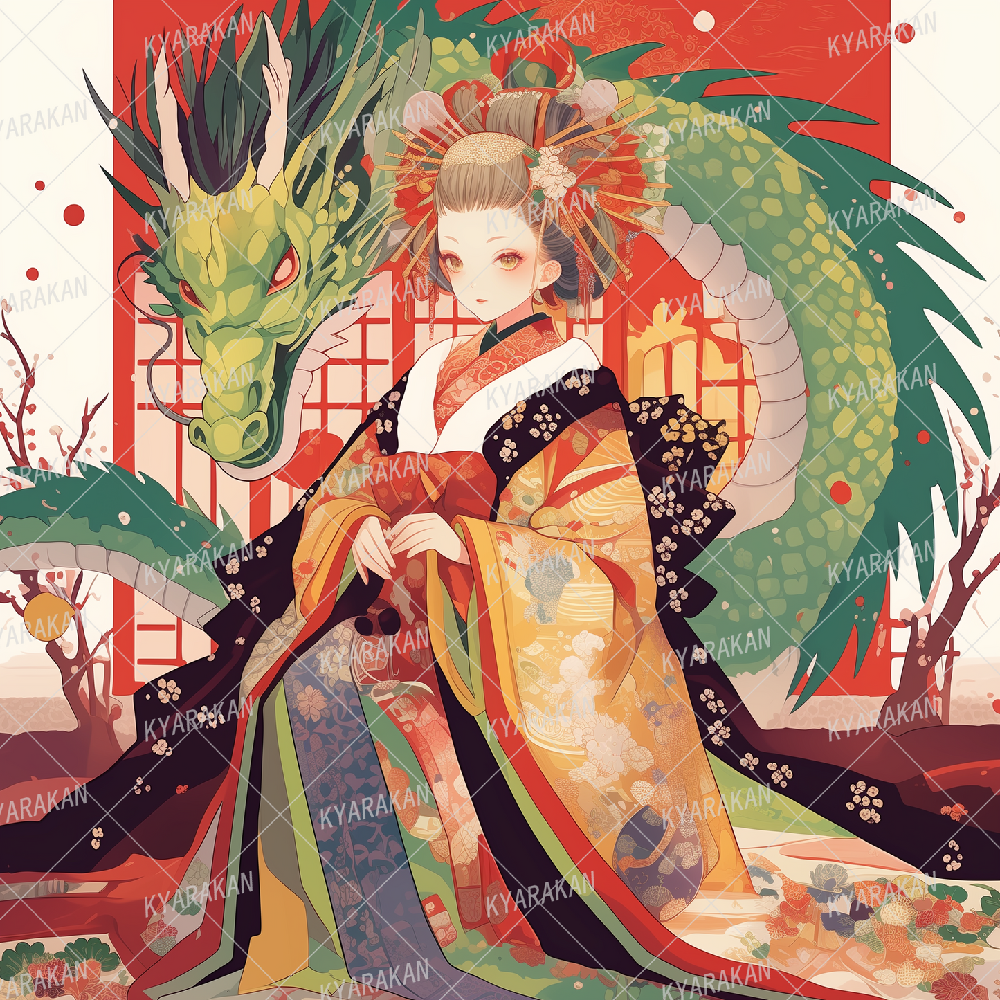 AA-1651: A green dragon with a strong presence and a woman wearing a luxurious kimono