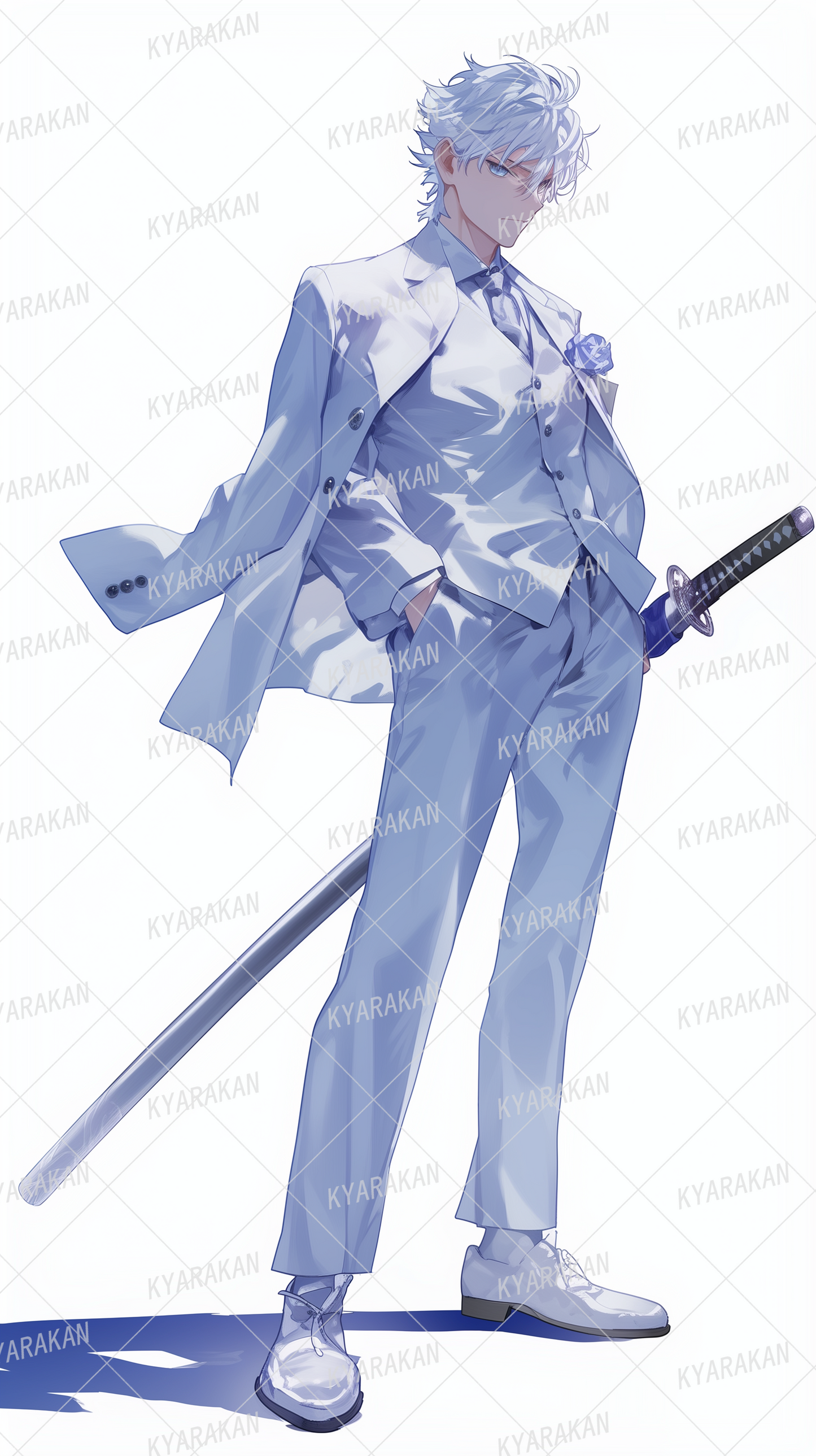 AA-1676: A white-haired man in a smart white suit with a sword in one hand.