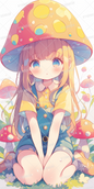 AC-0483: A blonde girl sitting in a mushroom hat in pastel colors