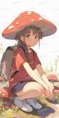 AC-0484: Crouching girl with red mushroom hat and braids wearing a backpack