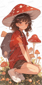 AC-0485: A girl wearing a red T-shirt and a mushroom hat sitting in the woods