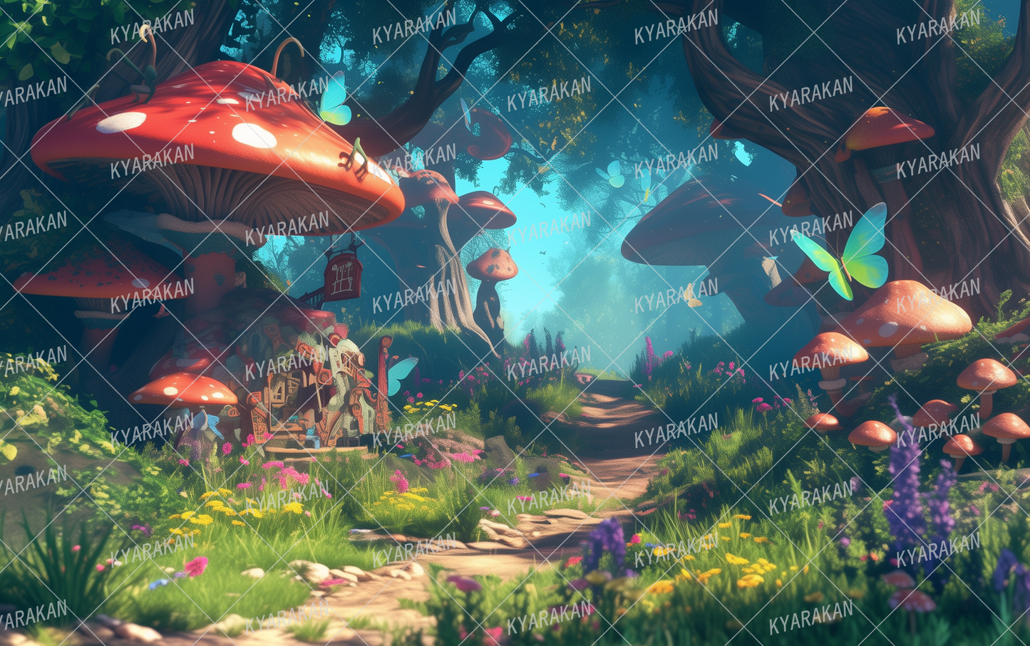 AC-0487: Mushroom house and forest path decorated with colorful flowers and butterflies