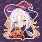 AC-0492: A cute mini character of a white-haired witch with a displeased expression holding a pumpkin