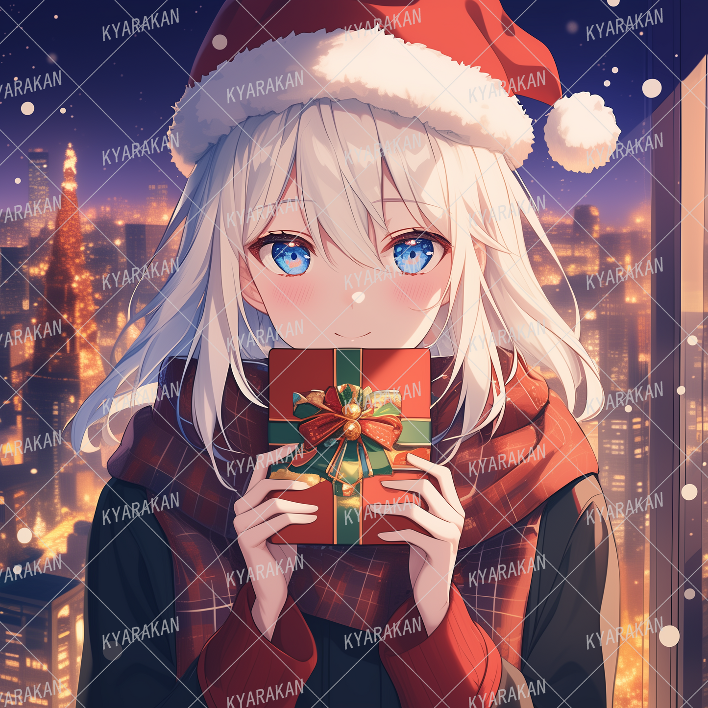 AC-0513:雪が降る夜にクリスマスプレゼントを渡すサンタ帽の少女