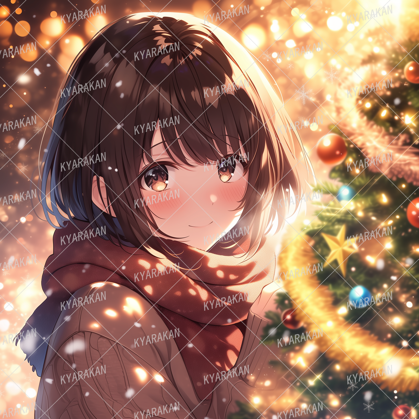 AC-0522: A shining Christmas tree and a dark-haired girl with a warm smile