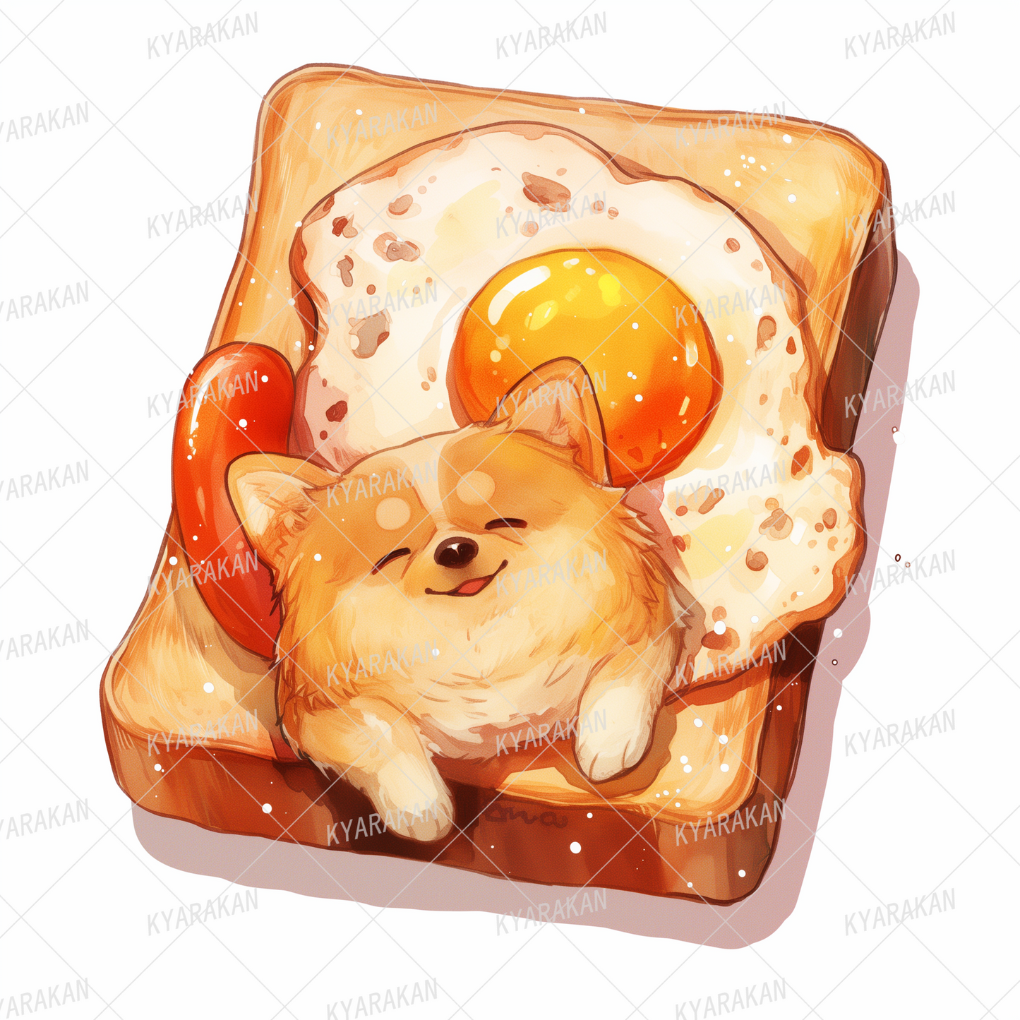 AC-0570: Fried egg and sausage on toast and a smiling corgi dog