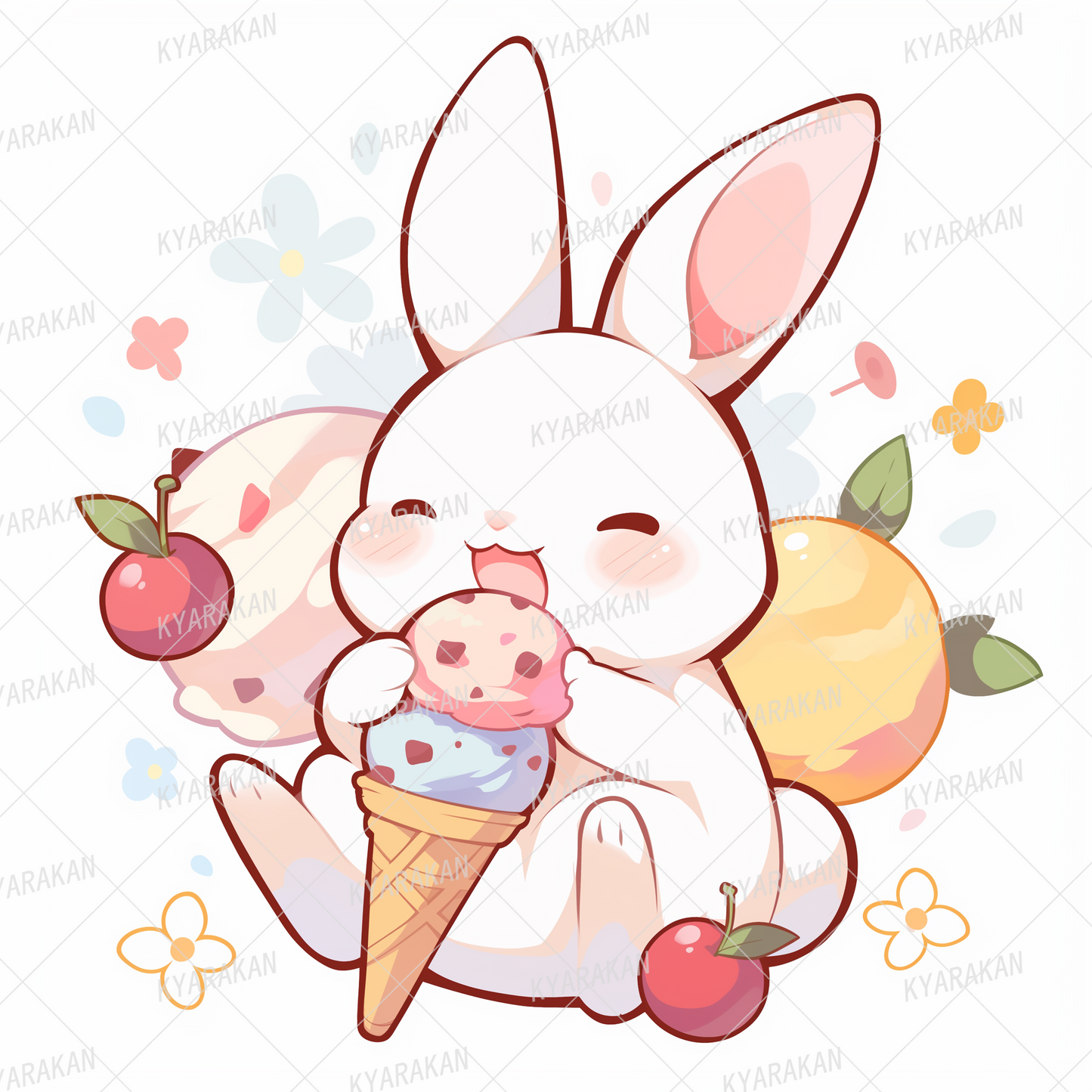 AC-0587: White rabbit happily eating cone ice cream