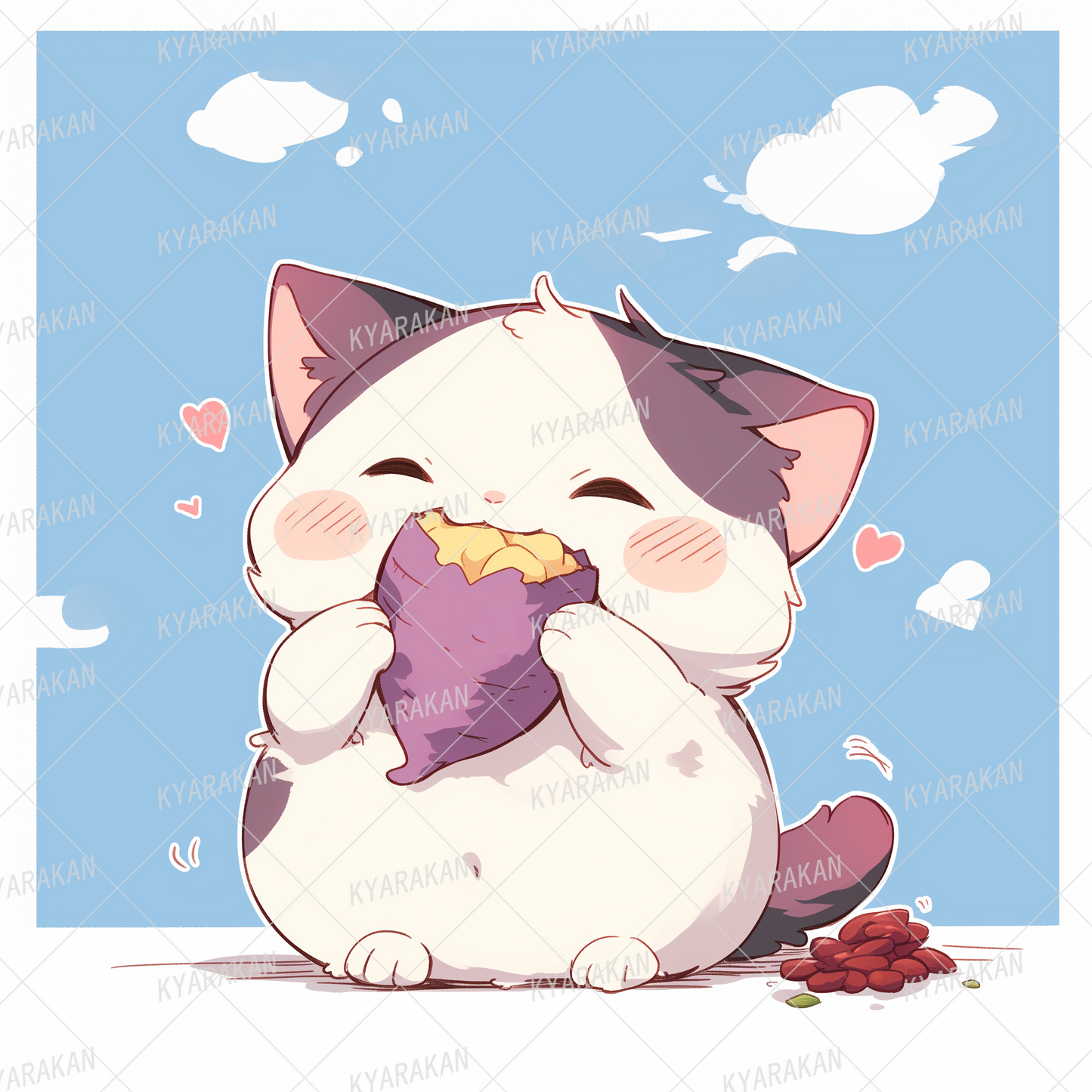 AC-0590: A plump calico cat eating roasted sweet potato