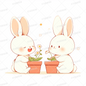 AC-0623: Two cute rabbits sitting side by side holding a flowerpot with flowers in it.