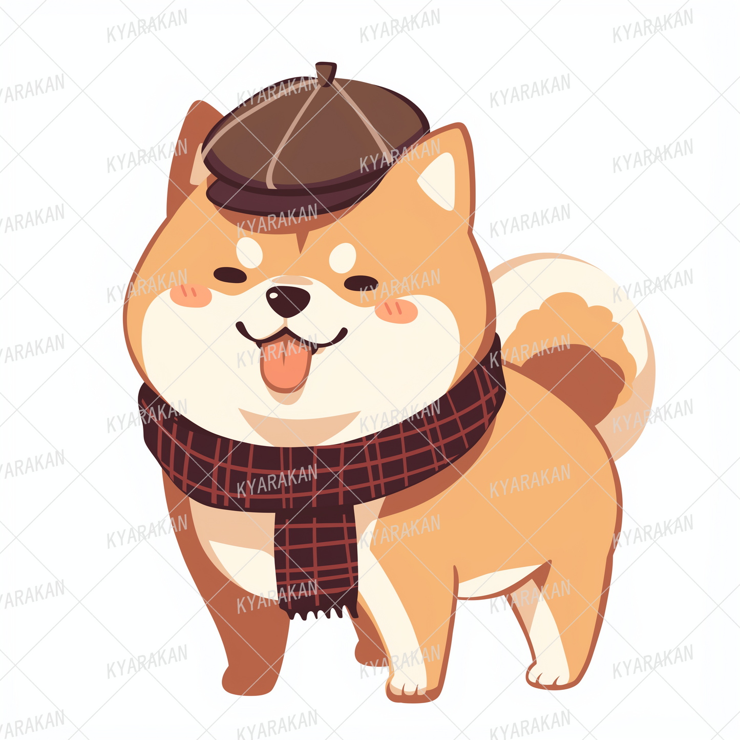 AC-0625: A Shiba Inu with brown fur wearing a plaid scarf and hat.