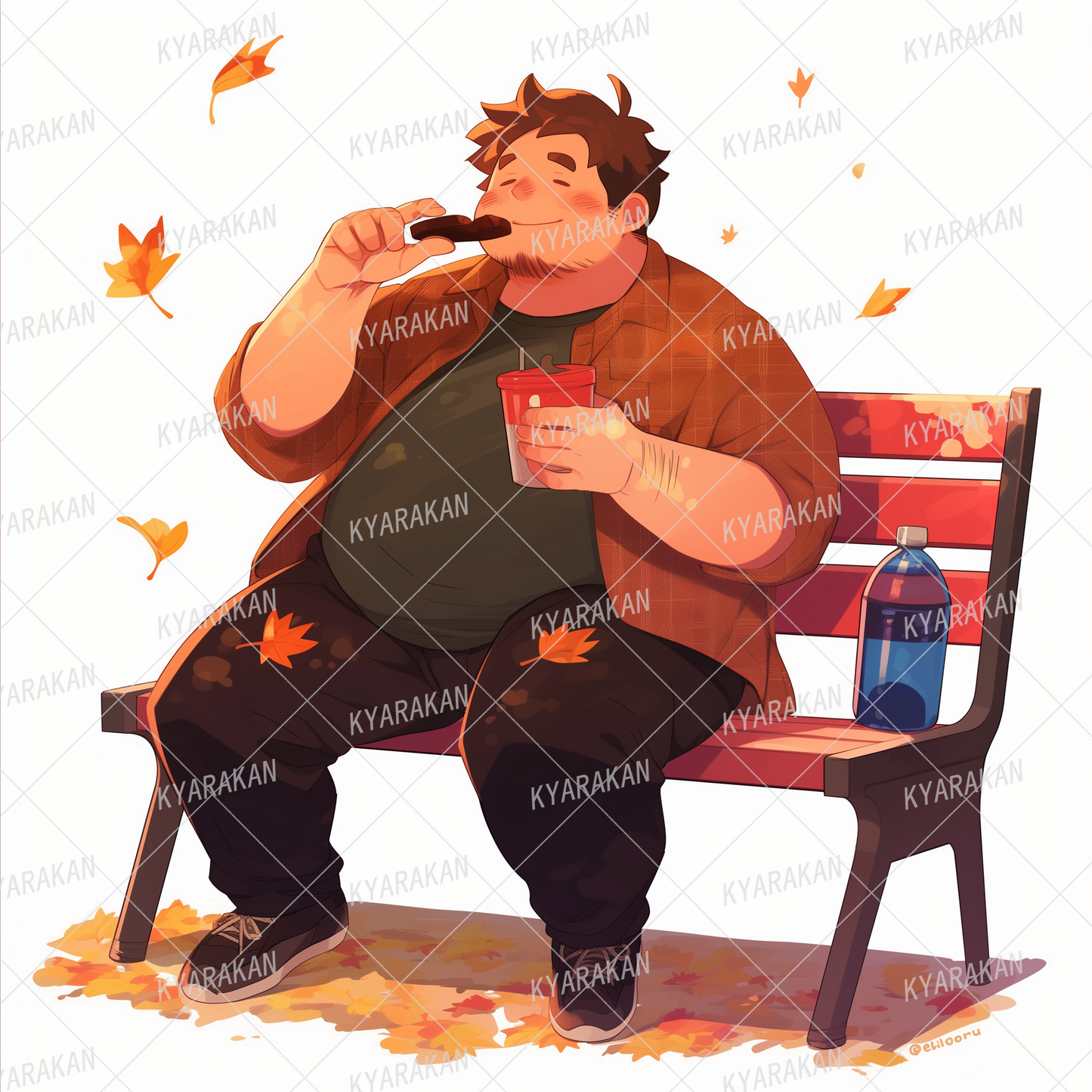 AC-0659: A large man enjoying donuts on a park bench with autumn leaves dancing