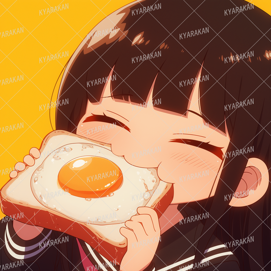 AC-0662: A black-haired girl in a sailor suit eating fried egg toast with a delicious look